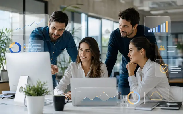 Equipo profesional trabajando en soluciones digitales